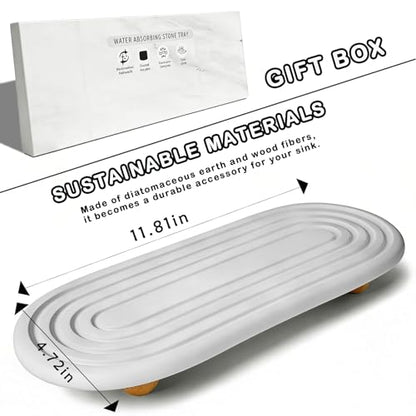 Instant Dry Sink Tray, Anti-Slip Stone Sink Caddy, Durable Kitchen Sink Organizer, Quick Dry Water Absorbing Stone Tray for Bathroom Counter, Stone Soap Tray - color: White Wooden Foot 4circles Large