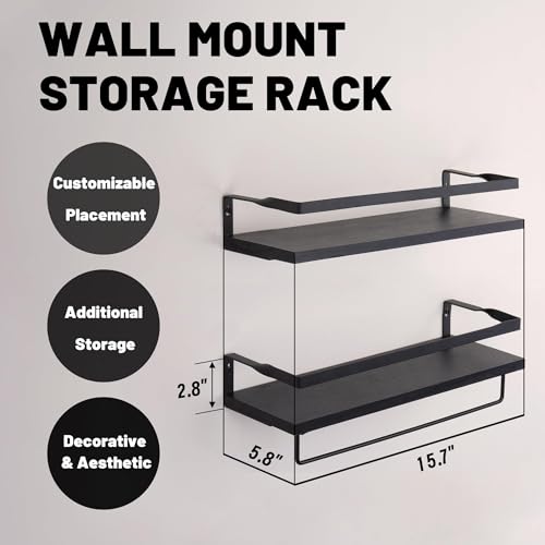 Elevon Floating Shelves for Bathroom Organizer Over Toilet, Bathroom Shelves Wall Mounted with Towel Rack, Corner Wall Shelf for Bedroom Decor Kitchen Storage (Black, Set of 2)