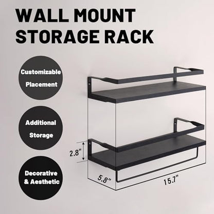Elevon Floating Shelves for Bathroom Organizer Over Toilet, Bathroom Shelves Wall Mounted with Towel Rack, Corner Wall Shelf for Bedroom Decor Kitchen Storage (Black, Set of 2)