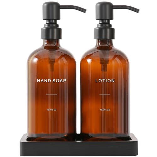 Prus Waso Amber Glass Soap Dispenser Set | Hand Soap and Lotion Set with Black Stainless Steel Pump, Perfect for Modern Bathroom Decor - color: Black Pump & Amber Bottle