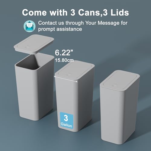 N. NETDOT 3 Pack Small Trash Can with lid, 3 Gallon Bathroom Trash Can,Garbage Can Slim Trash Bin Waste Basket for Bathroom,Kitchen,Bedroom,Living Room,Office,Laundry - Grey - color: Gray, size: 3 X 3 Gal