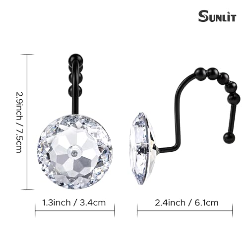 Sunlit Luxury Design Round Clear Diamond Crystal Gem Bling with Glide Balls Shower Curtain Hooks with Black Hooks, Rust Proof Metal Rhinestones Glam Shower Curtain Rings, Set of 12 - color: Clear With Black Hooks