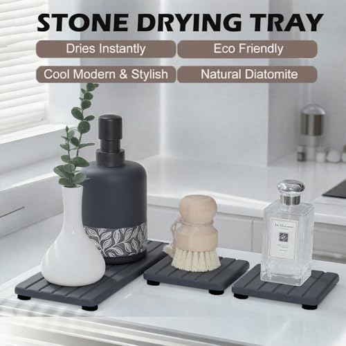 3PCS Stone Drying Tray, Stone Soap Tray, Water Absorbing Stones Trays for Sink, Fast Dry Diatomite Stones Sink Mat, Used for Hand Soap,Sponge,Toothbrush Holder in Bathroom Counter and Kitchen Sinks - color: 3pcs Dark Gray 5stripes