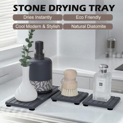 3PCS Stone Drying Tray, Stone Soap Tray, Water Absorbing Stones Trays for Sink, Fast Dry Diatomite Stones Sink Mat, Used for Hand Soap,Sponge,Toothbrush Holder in Bathroom Counter and Kitchen Sinks - color: 3pcs Dark Gray 5stripes