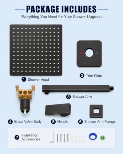 Heyalan 12 Inch Square Rain Shower Faucet Set with Valve, Oil Rubbed Bronze | Female-thread 1/2-inch NPT connections, SUS304 shower head, brass rough-in valve, single-handle control Shower Set - color: Bronze, size: 12 Inch Square Shower Head