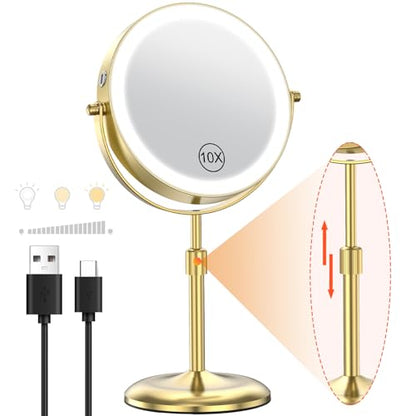 7" Lighted Makeup Mirror with 3 Color Lights & 10X Magnification, Adjustable Brightness & Height, 360° Swivel Rechargeable 10X LED Magnifying Vanity Mirror with Light, Gold - color: Gold