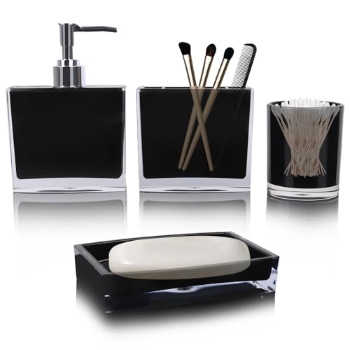 LGURT 4-Pc Black Bath Accessories Set — Dispenser, Organizer, Dish & Cup | Acrylic, Decor Vanity, Countertop, Divided Storage, Gift-Ready Modern Set - color: Sleek Black