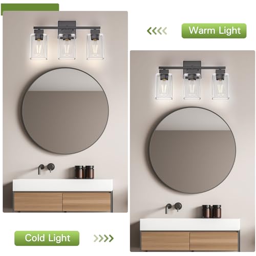 Matte Black Bathroom Vanity Light, 3-Light Vanity Lighting fixtures Over Mirror, Square Design & UL Certification, Wall Sconces with Clear Glass Shades, E26 Socket (Bulbs Not Included) - color: Black, size: 3 Light