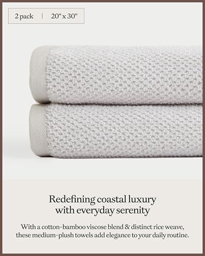 Cozy Earth Nantucket 60% Cotton 40% Viscose from Bamboo Hand Towel | 600 GSM Plush and Fast-Drying with Rice Weave Pattern, 2 Pack 20" x 30" Luxury Hand Towel, Light Grey - color: Heathered Light Grey, size: Hand Towel