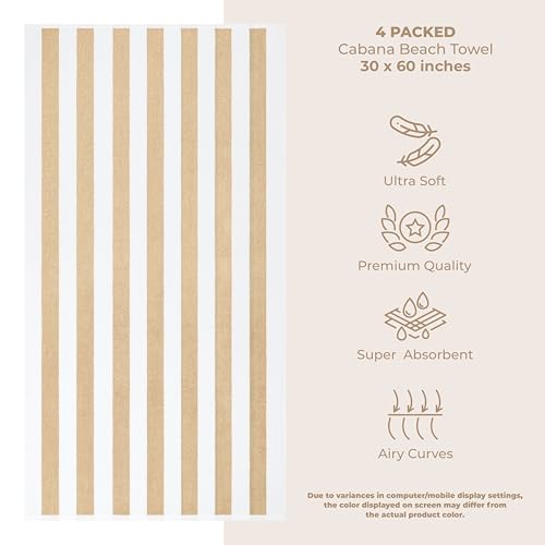 American Soft Linen Cabana Striped Beach Towels, 30x60 inch 4 Piece Oversize Pool Towels, Quick Drying Sand Free Swim Towels, Beige - color: Beige
