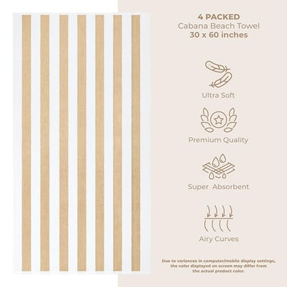 American Soft Linen Cabana Striped Beach Towels, 30x60 inch 4 Piece Oversize Pool Towels, Quick Drying Sand Free Swim Towels, Beige - color: Beige