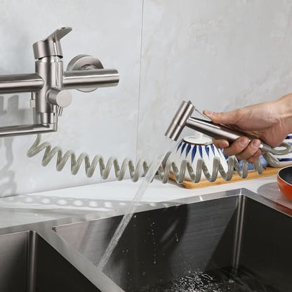 Wall Mount Kitchen Sink Faucets with Side Sprayer, Commercial Faucet, Nickel Brushed Unility Sink Faucet, Mixer Taps, 7.5-8.5 Inch Center, Spout Reach 9.2" - color: A Style, Nickel Brushed