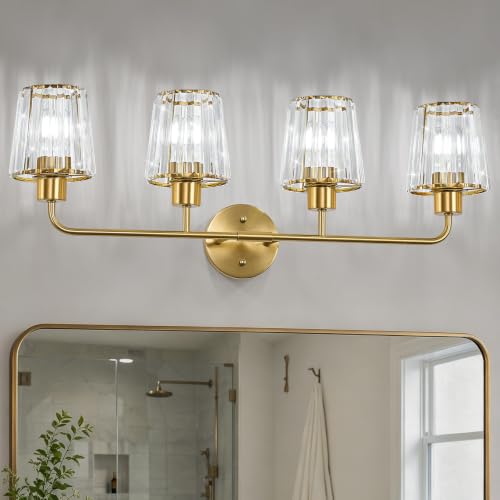 Brushed Gold Vanity Lights, 4-Light Crystal Bathroom Light Fixtures | Modern Bathroom Vanity Light E26 Wall Light over Mirror (Exclude Bulb) - color: Brushed Gold, size: 4-Light