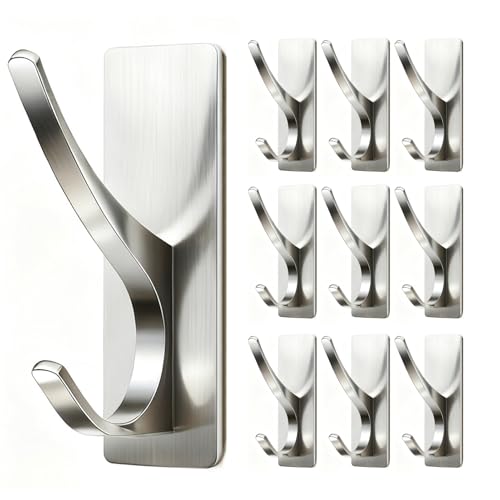 pickpiff 10 Pcs Brush Nickel Self-Adhesive Hook, 13LB Hanger for Coat/Towel | Extra Strong, Stainless, Peel and Stick, Removable, for Towel, Utensil, Backpack, Hat, Bathroom, Kitchen, Door - color: Brushed Nickel, size: 10 Pack
