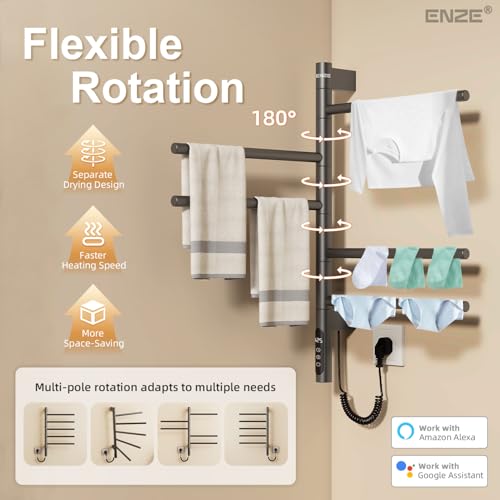 Smart Rotating Heated Towel Rack, 5-Bar Wall-Mounted, Gray | Electric Towel Warmer with Swivel Bars, Wi-Fi App Control, 24H Timer, Stainless Steel, IPX5, Hardwired/Plug-in - color: Gray 16.34"x26.77"