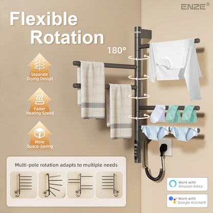 Smart Rotating Heated Towel Rack, 5-Bar Wall-Mounted, Gray | Electric Towel Warmer with Swivel Bars, Wi-Fi App Control, 24H Timer, Stainless Steel, IPX5, Hardwired/Plug-in - color: Gray 16.34"x26.77"