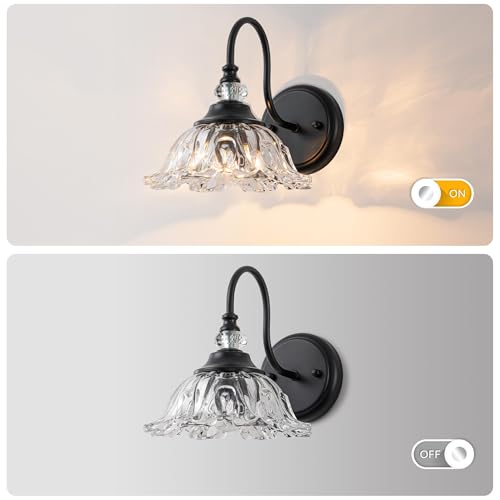 1-Light Black Vintage Wall Sconce, Flower Glass Shade Wall Mounted Light Fixture, E26 Base Farmhouse Vanity Lighting for Bathroom Bedroom Hallway Entryway