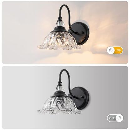 1-Light Black Vintage Wall Sconce, Flower Glass Shade Wall Mounted Light Fixture, E26 Base Farmhouse Vanity Lighting for Bathroom Bedroom Hallway Entryway