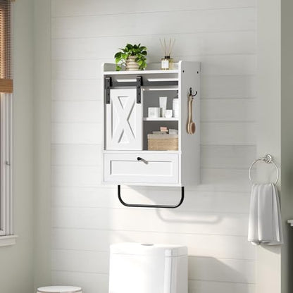 MAHANCRIS Bathroom Wall Cabinet, Farmhouse Medicine Cabinets with Sliding Door, Wall Mounted Storage Cabinet with Adjustable Shelf and Towel Bar, for Bathroom, Living Room, Kitchen, White - color: White