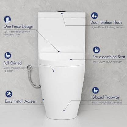 One Piece Toilet Elongated Dual Flush, 17.3" ADA Seat, White | ADA Compliant 17.3" chair height with soft close seat, Dual flush 1.1/1.6 GPF, Elongated toilet bowl, 12" rough-in, White - color: White 365Model