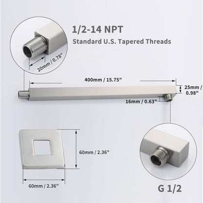 Shower Arm Extender Shower Head Extension Arm With Flange【SUS304 Stainless Steel】Rain Shower Head Extension Replacement 16 Inches Wall Mount Square Brushed Nickel, SA1-BN - color: Brushed Nickel