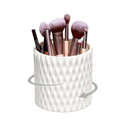 VASANA White Plastic Makeup Brush Holder Organizer 5 Slots 360 Rotating Makeup Brushes Container Round Spinning Cosmetic Storage Cup Desk Bathroom Vanity Beauty Tool for Lipsticks Eyebrow Pencils