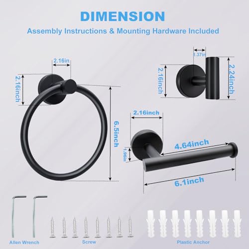 Matte Black Bathroom Hardware Set - Stainless Steel Wall-Mounted Toilet Paper Holder, Towel Ring & 2 Handy Hooks for Modern Bathroom Accessories | Rust-Resistant Towel Hook Set with Easy Installation