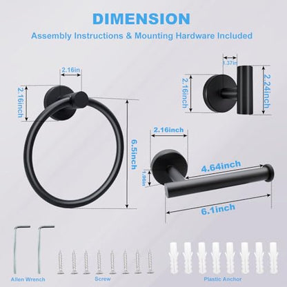 Matte Black Bathroom Hardware Set - Stainless Steel Wall-Mounted Toilet Paper Holder, Towel Ring & 2 Handy Hooks for Modern Bathroom Accessories | Rust-Resistant Towel Hook Set with Easy Installation