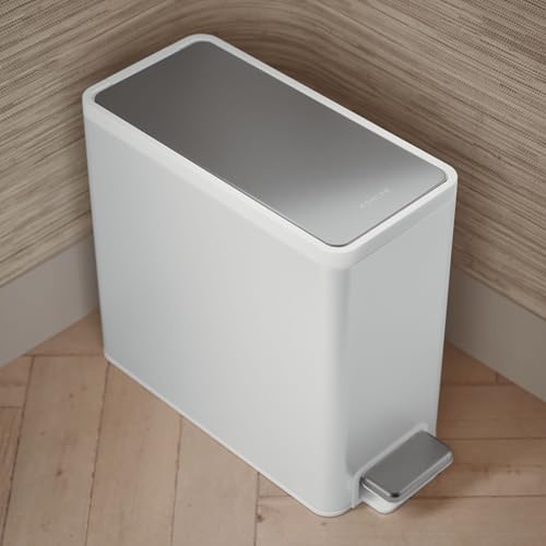 Kohler 20957-STW 2.5 Gallon Slim Step Trash Can, Bathroom Trash Can with Soft-Close Foot Pedal, White with Stainless Steel - color: White Stainless Steel, size: 2.5 Gallon - Step Can