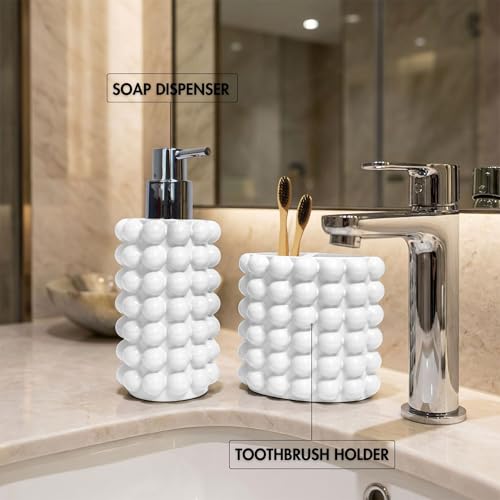 Better Trends 2-Piece Bathroom Accessory Set 400mL Refillable Soap Dispenser with Rustproof Pump 2-Slot Toothbrush for Vanity, Sink & Countertop Organization White Nova Collection - color: White