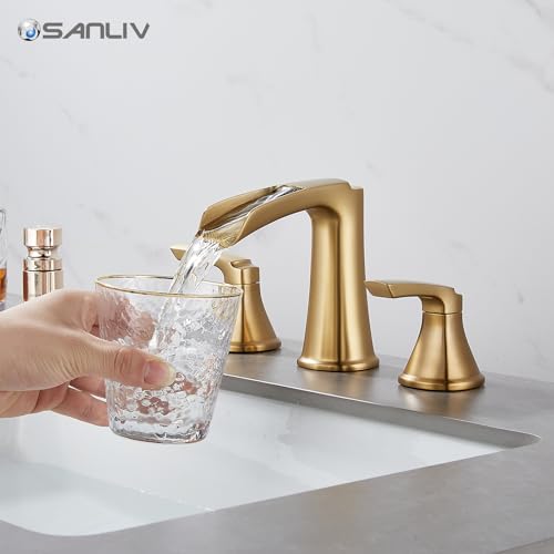 Brushed Gold Waterfall Bathroom Faucet, Sanliv 3-Piece Widespread Bathroom Sink Faucets, 2-Handle Vanity Faucet for 3-Hole Sinks 4-8 Inch with Pop-Up Drain, Brushed Gold - color: Brushed Gold