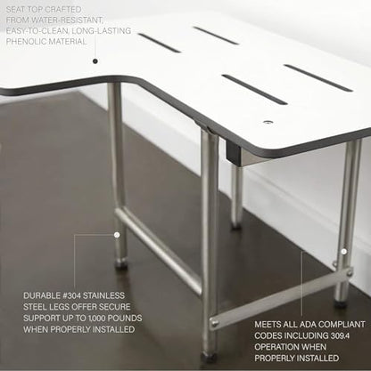 Seachrome 34" x 22.5" Lift-Assist ADA L-Shaped Reversible Bathroom Shower Bath Transfer Seat, Folding Wall-Mounted White Phenolic Seat with Swing Down Legs - color: White, size: 34 x 22.5 in.