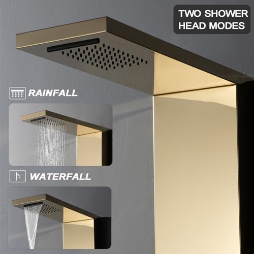 BWE Rainfall Waterfall Shower Panel Tower System Stainless Steel Bathroom Shower Panel with 5 Massage Body Jets Sprays and Handheld Shower,Polished Gold and Black