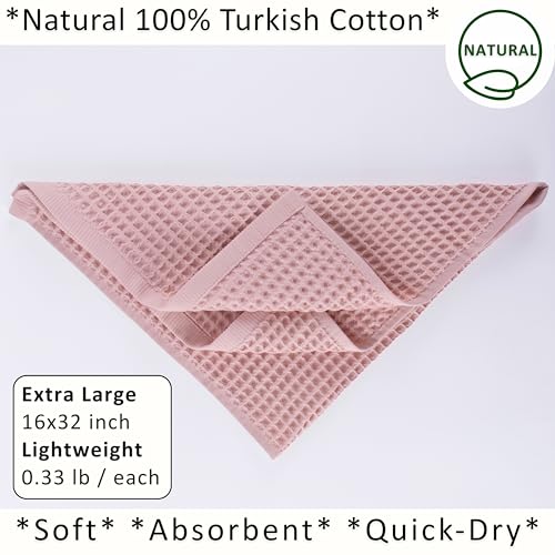 PÜSKÜL Natural 100% Turkish Cotton Waffle Kitchen and Hand Towels, 3-Piece | Pink Powder, 32x16" Large, Premium 3D Honeycomb Weave Soft Absorbent Quick-Dry Lint-Free Dish Towel, Oeko-Tex Made in Turkey - color: Pink Powder, size: Kitchen & Hand Towels Pac