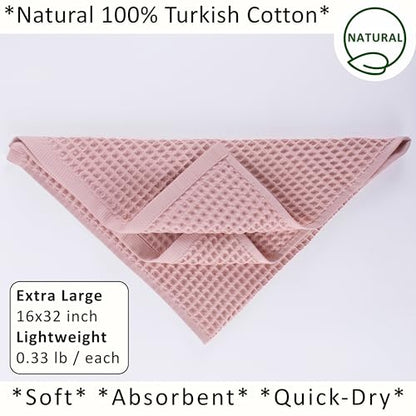 PÜSKÜL Natural 100% Turkish Cotton Waffle Kitchen and Hand Towels, 3-Piece | Pink Powder, 32x16" Large, Premium 3D Honeycomb Weave Soft Absorbent Quick-Dry Lint-Free Dish Towel, Oeko-Tex Made in Turkey - color: Pink Powder, size: Kitchen & Hand Towels Pac