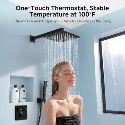 SR SUN RISE 100℉ Brushed Matte Black Shower System,10 Inch | Luxury Rainfall Shower Head,High-Pressure Handheld Shower,Soild Brass,Wall Mount,Valve and Trim Kit Included - color: Classic Matte Black, style: 10"
