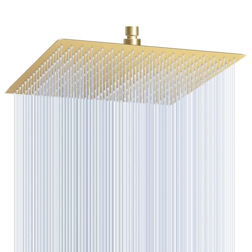 16 inch Brushed Gold Large Rain Shower Head Ceiling Mount - All Metal 304 Stainless Steel, Full Body Rainfall Shower with 324 Silicon Nozzles - Waterfall Bathroom Square Showerhead - color: Brushed Gold, size: 16 Inch Square