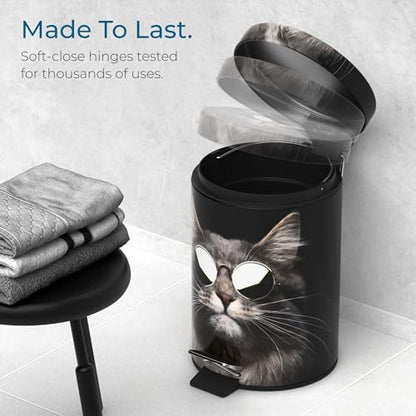 Sanilo Small Bathroom Trash Can with Lid [1.3 Gallon] - Lidded Tiny Trashcan for Garbage - Mini Metal Bin with Soft Closing Mechanism - Bath Room Accessoire Wastebin with Inner Bucket (Cool Cat) - color: Cool Cat