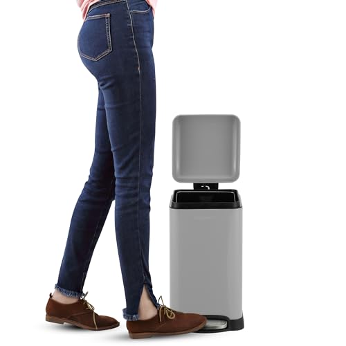 happimess Betty Retro Mini 3.2 Gal Step Trash Can, Gloss Gray | Soft-Close Lid, Removable Liner, Iron, Hands-Free Pedal, Non-Skid Base, Built-In Damper, Modern, Minimalistic - color: Fog Gray