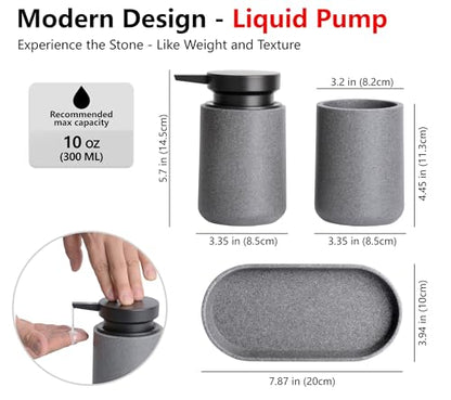 Clasin Home 3 Pcs Bathroom Accessories Set, Liquid Soap Dispenser with Large Pump, Toothbrush Holder Cup and Soap Dish, Sandstone Texture Bathroom Counter Set for Modern Home (Gray) - color: Gray