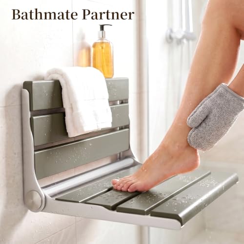 Wall Mount Shower Seat 18" for Adults | Shower Bench Wall Mount for Inside Shower, Fold Down Shower Seat, Shower Seats for Adults - color: Grey & Stainless Steel & Silver