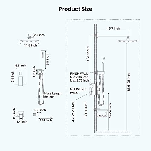 gotonovo Tub Shower Faucet Set with Valve Kit 12’’ Head,Brushed Nickel | Shower System with Tub Spout,SUS304 Rain Head with Handheld Sprayer,Swivel Spout,All Metal,Rough-In Valve Trim Kit,Wall Mount - color: Nickel, size: 12’’ Head