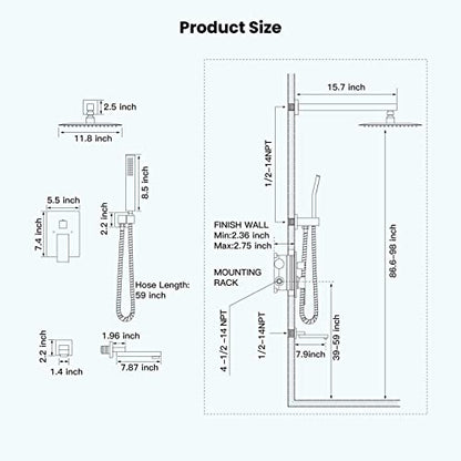 gotonovo Tub Shower Faucet Set with Valve Kit 12’’ Head,Brushed Nickel | Shower System with Tub Spout,SUS304 Rain Head with Handheld Sprayer,Swivel Spout,All Metal,Rough-In Valve Trim Kit,Wall Mount - color: Nickel, size: 12’’ Head