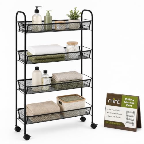 American Dream Black 4-Tier Mesh Basket Rolling Cart with Wheels Slim Metal Storage Organizer Trolley, 22.4" x 7.3" x 37.4" - color: Black