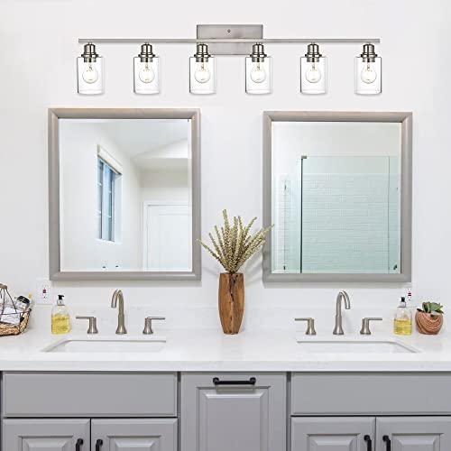 6 Light Bathroom Lighting Fixture in Brushed Nickel Finish,Classic Metal Wall Mounted Lamp Over Mirror with Clear Glass Shade Industrial Vanity Light - color: Brushed Nickel, size: 6 Light