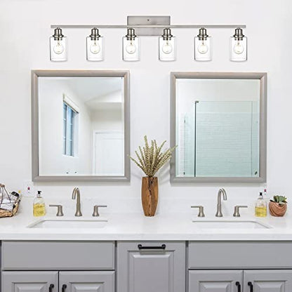 6 Light Bathroom Lighting Fixture in Brushed Nickel Finish,Classic Metal Wall Mounted Lamp Over Mirror with Clear Glass Shade Industrial Vanity Light - color: Brushed Nickel, size: 6 Light