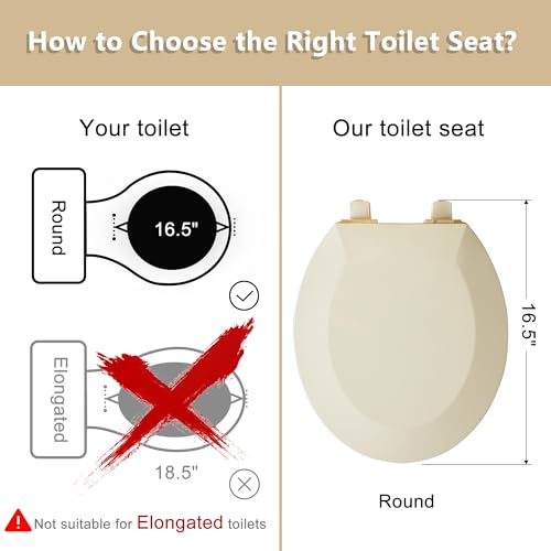 Angol Shiold Round Toilet Seat - Slow Close Hinges, Ergonomic Design with Grip-Tight Bumpers, Safe Easy-Clean PP Material (Almond, 16.5" Round) - color: Almond, size: Round 16.5‘’