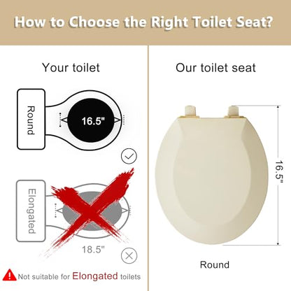 Angol Shiold Round Toilet Seat - Slow Close Hinges, Ergonomic Design with Grip-Tight Bumpers, Safe Easy-Clean PP Material (Almond, 16.5" Round) - color: Almond, size: Round 16.5‘’