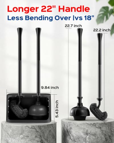 HAMITOR Toilet Bowl Brush and Plunger Set: 2-in-1 Hidden Holder Design | Deep Cleaning Curved Bristles, Stainless Steel, 22'' Long Handles, Modern Apartment Bathroom Accessories, Black, 1-Pack