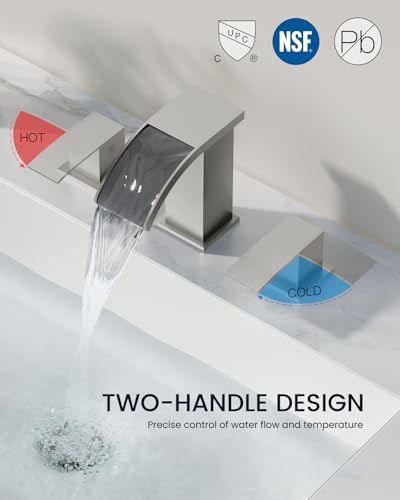 gotonovo Waterfall Bathroom Faucet 3 Hole Square Body,Brushed Nickel | SUS304 8’’ Widespread Bathroom Sink Faucet,2.17’’ Wide Spout,24’’ cUPC Hose,Pop Up Drain,2 Handle,Vanity,Lavatory,Basin,RV - color: Nickel